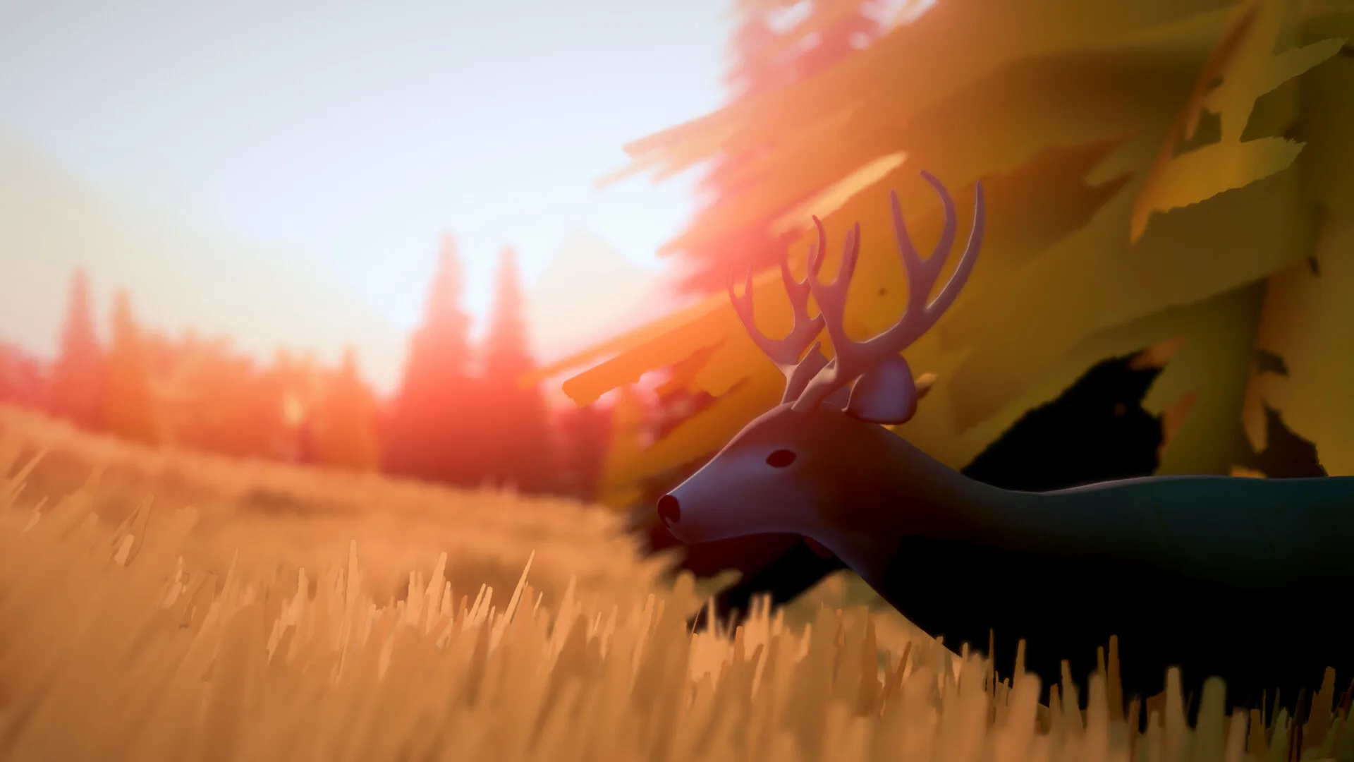 A deer bounding through golden grass at sunset in Over the Hill